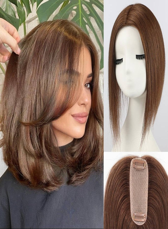 starluck Hair Toppers for Women Real Human Hair 4.5"*1.5"Silk Base Brown HairPieces No Bangs 100% Real HumanHair Toppers for Women with ThinningHair Cover Gray HairRoot - Image 1